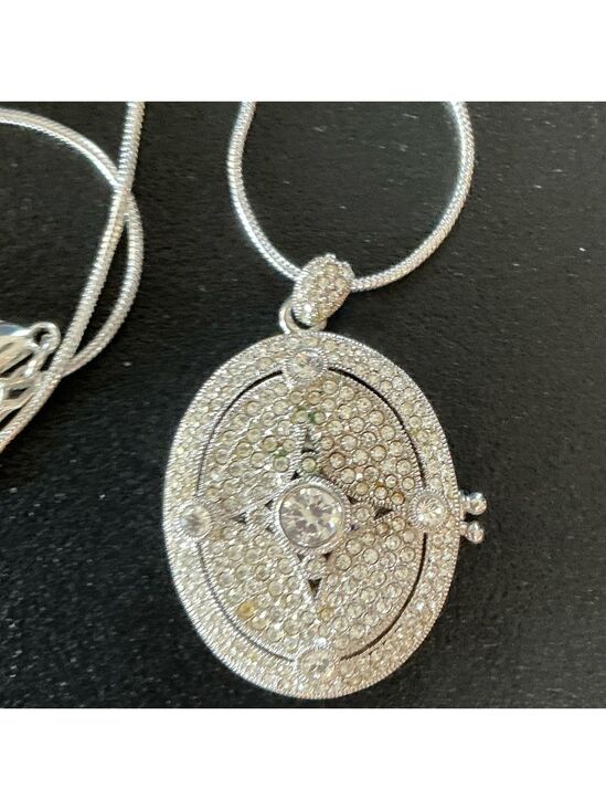 Neiman Marcus Jewelry - Elegant Silver & Crystal Locket Pendant Necklace